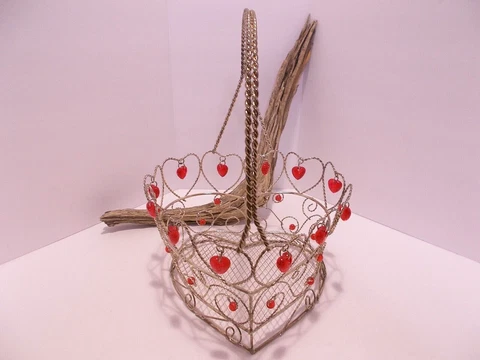 Heart Shaped Basket with Handle Gold Tone Metal Wire Red Heart Beads Accents Cover