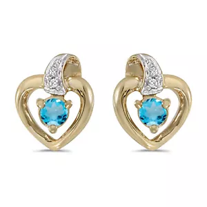 10k Yellow Gold Round Blue Topaz And Diamond Heart Earrings - Picture 1 of 2