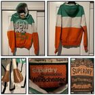 Superdry Mens Medium Hoodie Orange Green Gray Cut & Sew Leather Tip Strings