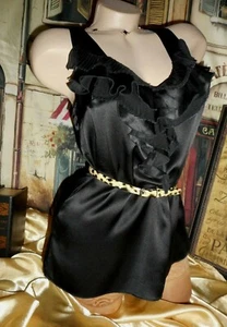 Sciarpa vintage S WHBM blusa seta nera con volant Jabot Slvlss scollo a V spalle fredde - Foto 1 di 5