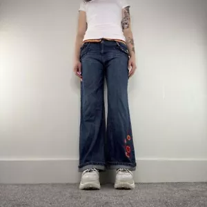 Y2K vintage baggy jeans mid rise crochet denim bead chain floral turned up hem - Picture 1 of 8