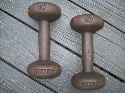 vtg YORK BARBELL 10lb. "US BUNS" Bodybuilding FITNESS Dumbbells GYM exercise ab - Image 1 of 2