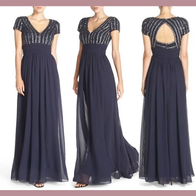 NWT JS Collections [ 2 ] Embellished Chiffon Empire Gown in Navy Blue #N226 - Image 1 of 4