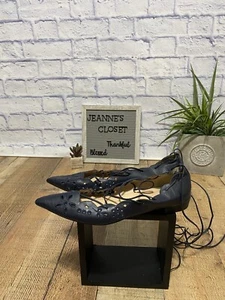 J. Crew | Soft Navy Blue Leather Lace Wrap Up Leg Pointed-toe Flats Size 9.5 - Picture 1 of 10