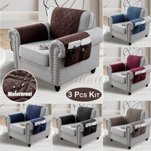Kit de 3 piezas de funda de sofá acolchada impermeable con fundas de reposabrazos de bolsillo lateral - Imagen 1 de 75