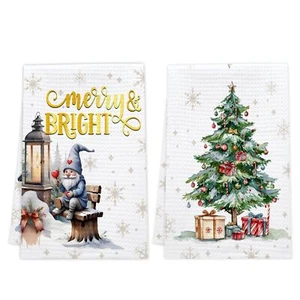 Christmas Kitchen Towels Set of 2 Merry and Bright Dish Towels Xmas Tree Dryi... - Picture 1 of 6