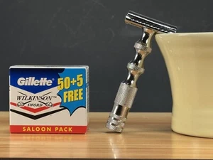 Chrome SHAVING SAFETY RAZOR+ 55 RAZOR BLADES Double Edge Wilkinson Sword-2PC SET - Picture 1 of 7