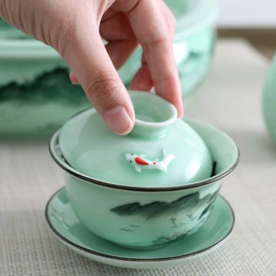 DREAM HOME Longquan Celadon Porcelain Gaiwan Ceramic Fish Relief Handpainted Tureen Saucer
