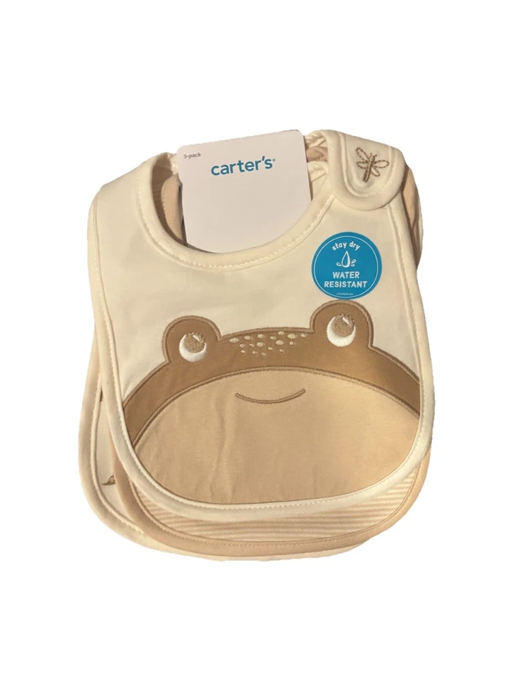 Carters Pack Of 3 Waterproof Bibs Gender Neutral Frog Brown - Image 1 of 4