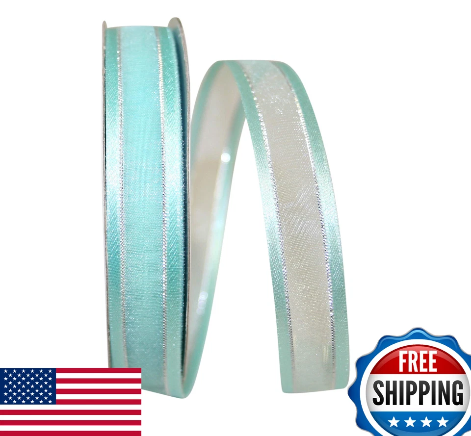 Cinta Reliant Borde Satinado Transparente Metálico, 5/8" x 25 Yardas, Aqua/Plata Foto 1 de 1