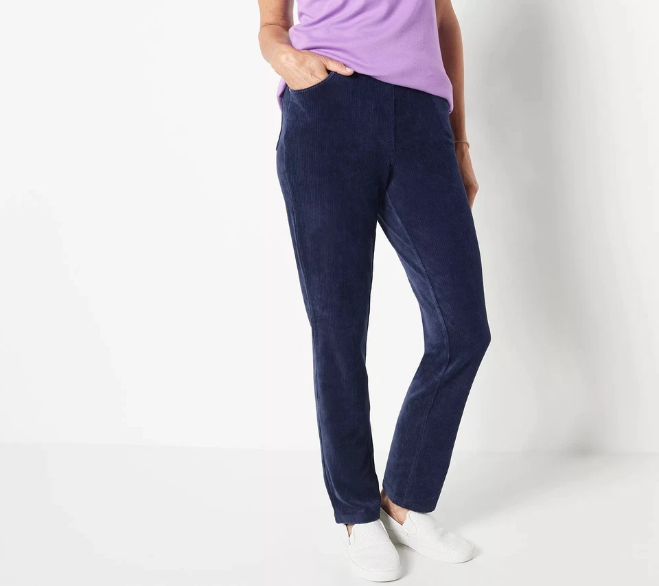 Quacker Factory Short Corduroy Straight Leg Pants with Pockets Dark Navy L New - Image 1 of 1