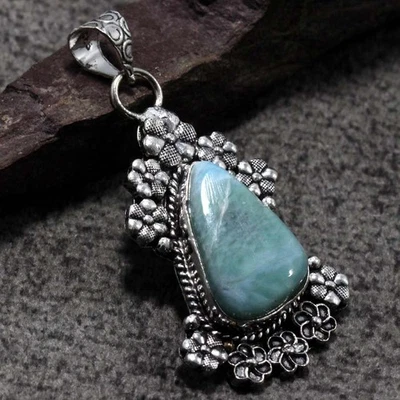 Colgante étnico Larimar enchapado en plata 925 talla 2,2" GW Foto 1 de 3