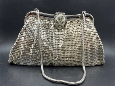 1950’s Whiting & Davis Small Silver Mesh Evening Bag Bejeweled Clasp Strap - Image 1 of 4