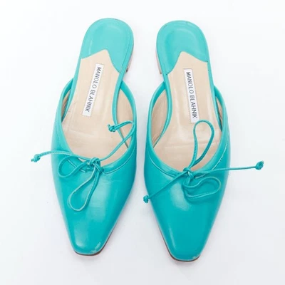 MANOLO BLAHNIK Ballerimu Turquesa Verde Cuero Ballet Mules EU38 Foto 1 de 4