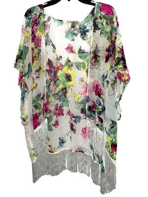 OP Ocean Pacific Blanco Floral Kimono Chal Flecos Acento Talla 7/9 Cubre Foto 1 de 3