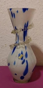 31 cm DESIGN GLAS VASE - UNTERFANG GLAS - blau / weiß Einschmelzungen - VINTAGE - Bild 1 von 6