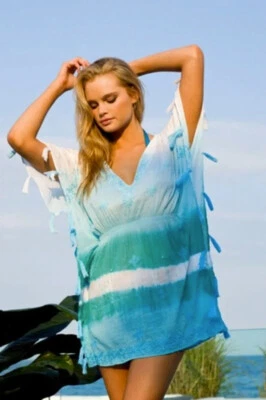 Letarte попкорн Dip краситель бирюзовый вышитый пончо прикрыть туника платье XL $248 - Изображение 1 из 3