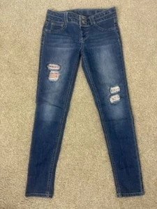 SO Girls Adjustable Waist Blue Skinny Jeans Gold Sequins Patches Size 16 - Picture 1 of 11