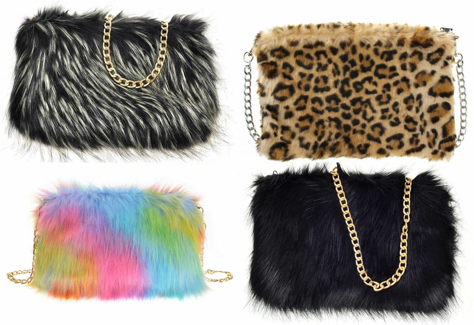 LUXE Ladies Designer Soft Fluffy Feather Faux Fur Clutch Bag Purse Chain Runway NEW