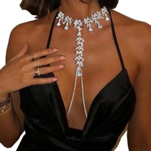 Rhinestone Noose Nipple Ring Chain with Necklace Adjustable Non Piercing Nipple - Picture 1 of 8