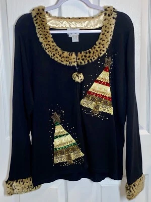 Suéter Just B XL Navidad Cárdigan Cremallera 3D Cuentas Arte Vintage Negro Leopardo Foto 1 de 4