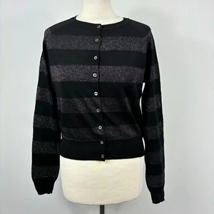 Karen Millen Black Glitter Striped Fine Knit Cardigan Wool Rich Christmas Size L - Picture 1 of 9