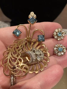 Vintage Unsignet 1940 Cristal Gold Plate Brooch Earrings Set Estate Jewelry - Bild 1 von 12