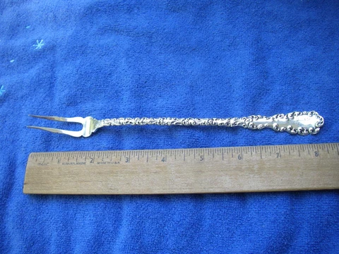 Wallace Sterling WAVERLY (1890) Long Handle PICKLE FORK- 8 1/4 Inch-Mono P Cover