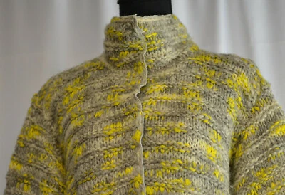 Lafayette Sz S Yellow Gray Snap Chunky Knit Long Cardigan High Neck Sweater Warm - Image 1 of 4