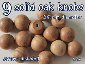 9 Wooden Knobs Handle Kitchen Door Drawer Solid Oak Wood 34 mm Diameter Round - Picture 1 of 5