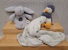 Jellycat Grey Bunny Rattle & Bashful Penguin Security Blanket Baby Plush Toy Set