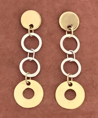Shiny! 14k Yellow & White Gold Circle Chain Stud Post Dangle Earrings 2.16g X39 - Image 1 of 4