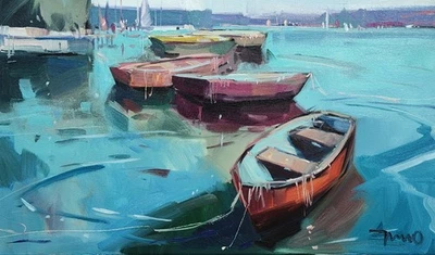 JOSE TRUJILLO Pintura al Óleo IMPRESIONISMO Coleccionable ORIGINAL Barcos Agua Azul Foto 1 de 4