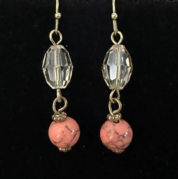 Pink Howlite & Crystal Beaded Gold Tone Hook Dangle Earrings - Image 1 of 3