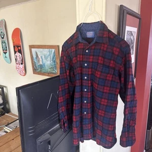 VTG Pendleton Wool Red Mac Devitt Tartan Plaid Flannel Button Shirt Men's Large - Picture 1 of 5