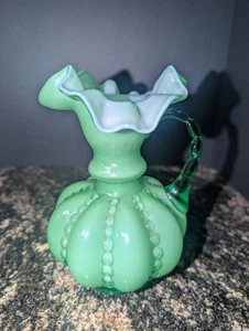 Rare Fenton Green Overlay Cased Beaded Melon Pitcher Crimped Ruffled Edge 1940's - Picture 1 of 5