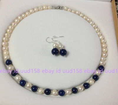 Натуральный 7-8 мм белый культивированный жемчуг/лазурит ожерелье серьги комплект 18» - Изображение 1 из 4