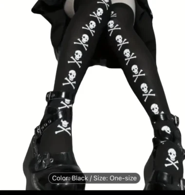 GOTHIC ANIME BLACK OPAQUE THIGH HIGH with SKULL & BONE PRINT OVER THE KNEE- O/S - Image 1 of 4