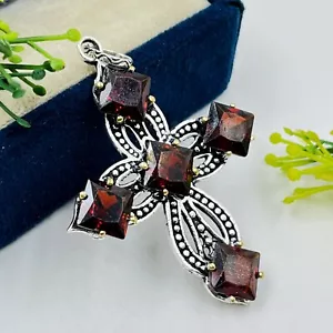 Ciondolo croce gioiello granato mozambico taglio rosa argento sterling 925 - Foto 1 di 4