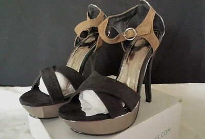 NEW BLACK TAN SUEDE WOMENS SIZE 10 HIGH HEEL SANDAL PARTY WEDDING DRESS SHOES - Image 1 of 4