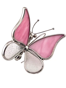 Vintage Stained Glass Butterfly Plant Sitter - Pot Holder Pink and Clear - Picture 1 of 10