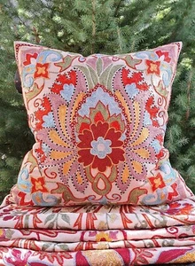 PAIR 2 Bohemian Hand Embroidered Needlepoint Suzani Throw Decor Pillows 18 x 18" - Picture 1 of 8