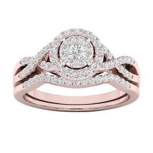 10k Rose Gold 0.4Ct Diamond Halo Engagement Bridal Set Ring Sz 6, H-I I2 - Picture 1 of 5