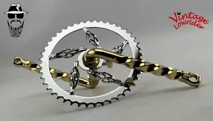Vtg LOWRIDER 6 CAGE SPROCKET 44T & 6 1/2 TWISTED CRANK CRUISER BICYCLES CH/GOLD. - Picture 1 of 2