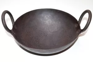 Vintage Antique Handmade Rustic Iron Steel Wok Kadai Frying Cook Pan - 9 Inch - Picture 1 of 5
