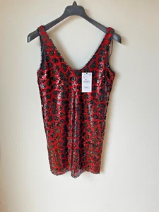 ZARA SEQUIN MINI DRESS Red Black Leopard Print Christmas Party S / UK 10 💖 BNWT - Picture 1 of 9