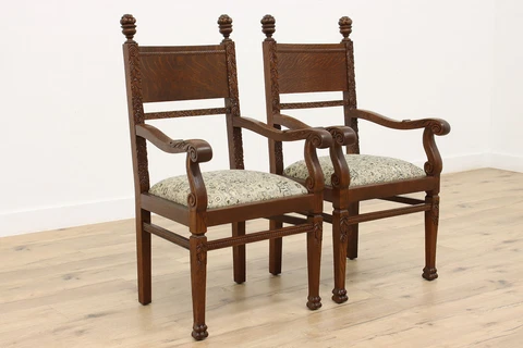 Pair of Victorian Antique Carved Oak Library, Office, or Desk Chairs #43825 Cover