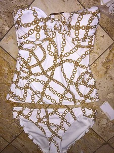 Nwt Michael Kors Weiß Gold Kette Bandeau Tankini Badeanzug 2p Satz Damen XS - Picture 1 of 7