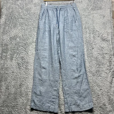 Athleta Pants Women 8T Blue Linen Cabo Wide Leg Pull On Zip Pockets Beach Resort - Image 1 of 4