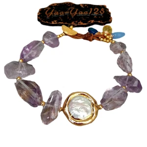 9" Natural Faceted Amethyst Nugget White Coin Pearl Bracelet 9" - Picture 1 of 5